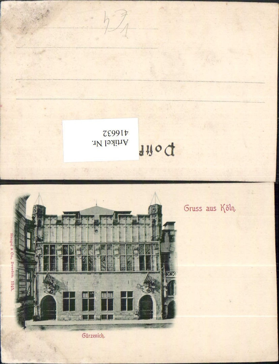 416632,Gruß aus Köln am Rhein Gürzenich Gebäude pub Stengel & Co 1945