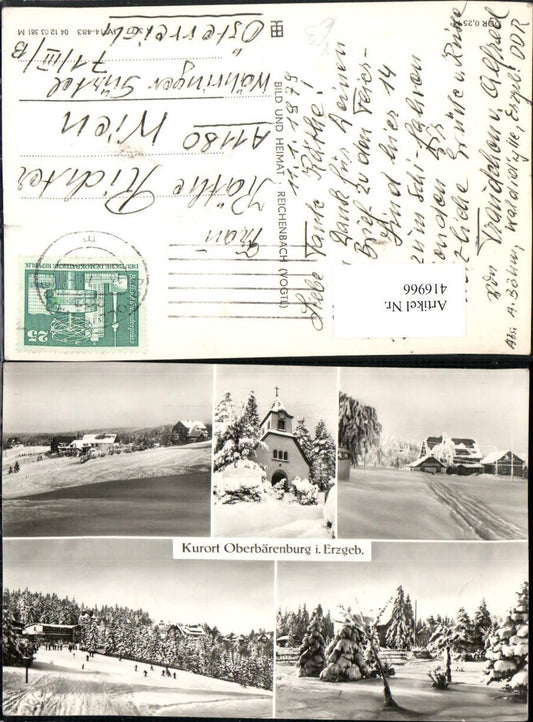 416966,Oberbärenburg im Erzgebirge Kirche Skipiste Winterbilder Mehrbildkarte pub VEB