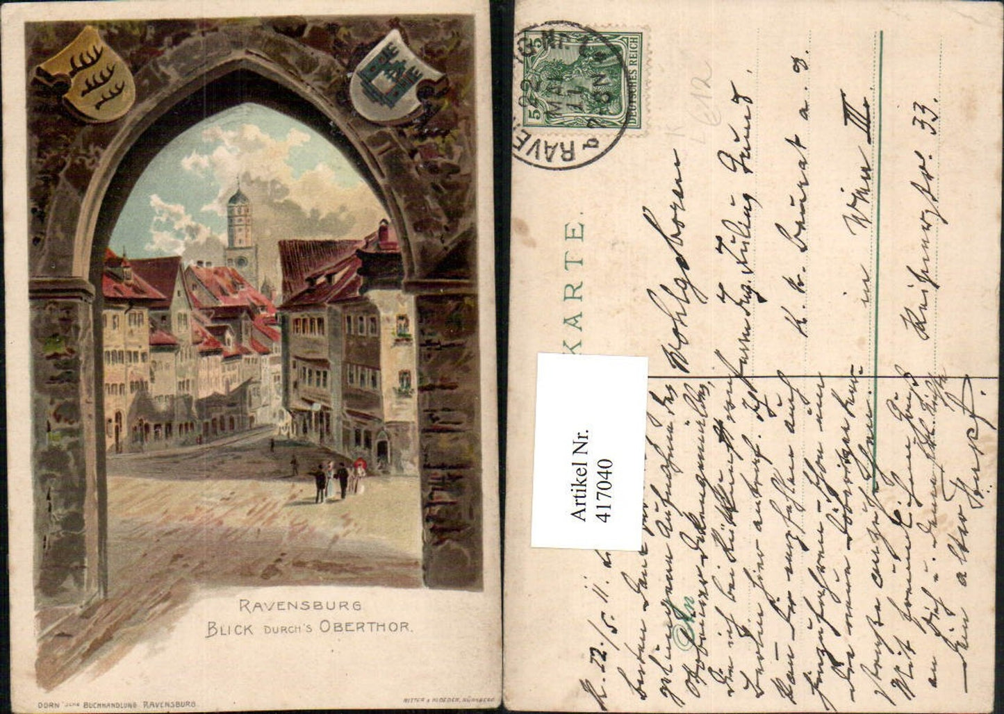 417040,Künstler Litho Ravensburg Blick durchs Obertor Straßenansicht