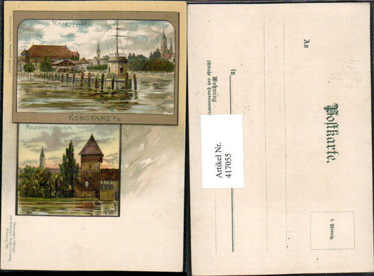 417055, Artist Lithograph C. Münch Constance on Lake Constance Harbor Rhine Gate Tower Multi-image postcard