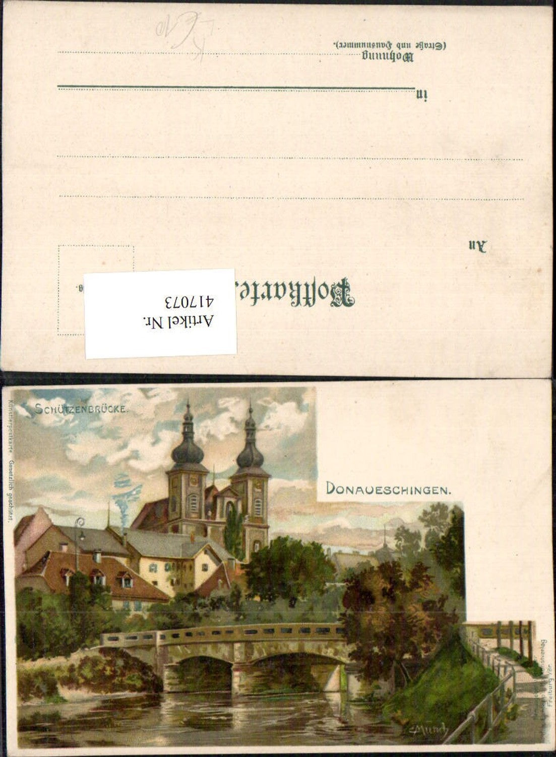 417073,Künstler Litho C. Münch Donaueschingen Schützenbrücke Brücke Kirche