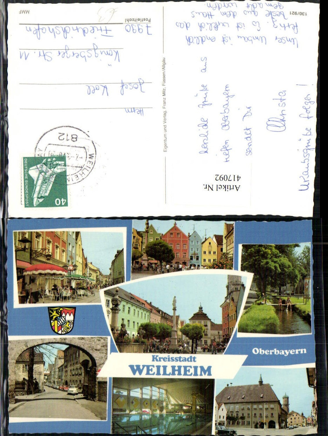 417092,Weilheim Straßenansichten Brunnen Säule Hallenbad Mehrbildkarte