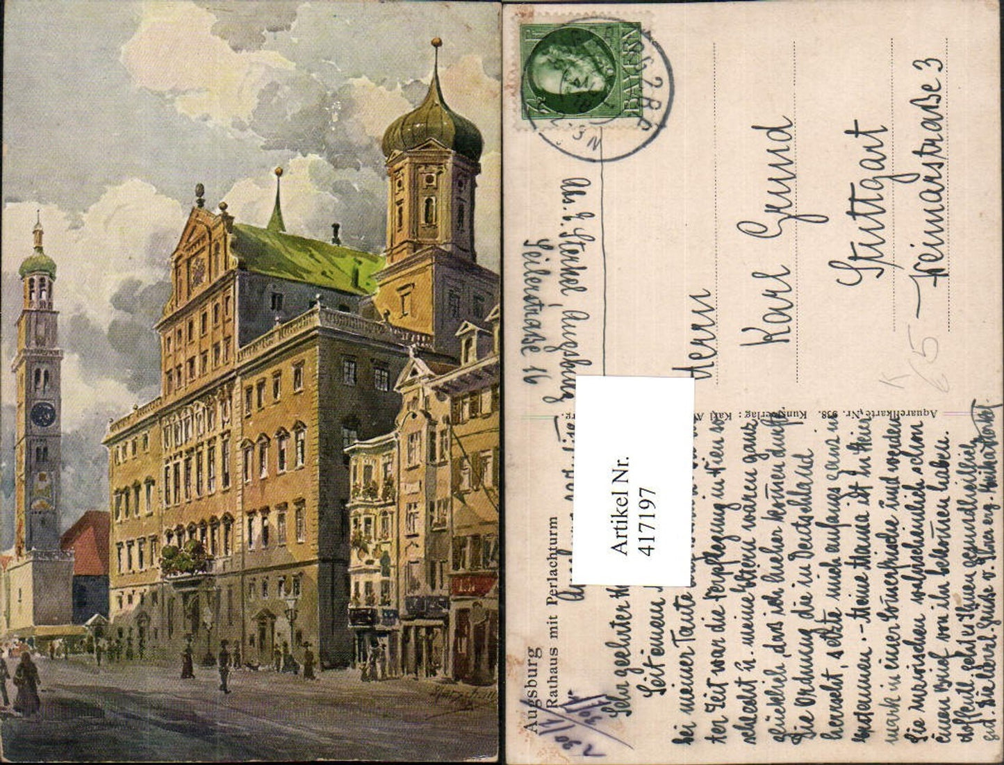 417197,Künstler AK Marschall Augsburg Rathaus m. Perlachturm Turm