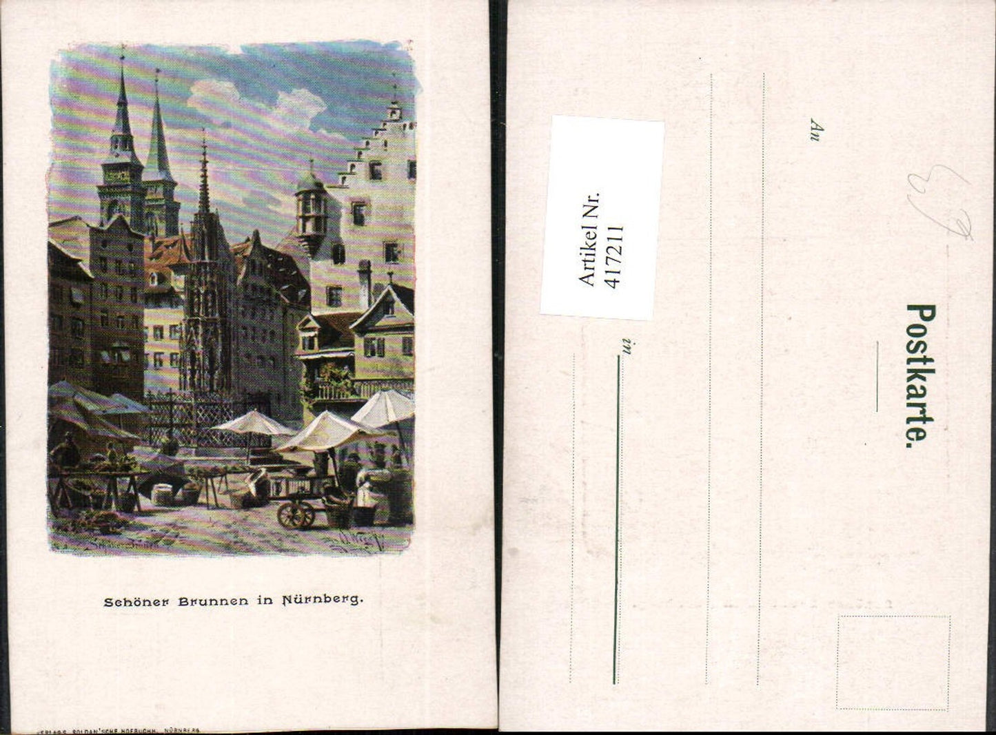 417211,Künstler AK O. Wiegk Nürnberg Schöner Brunnen Markt Kirchentürme