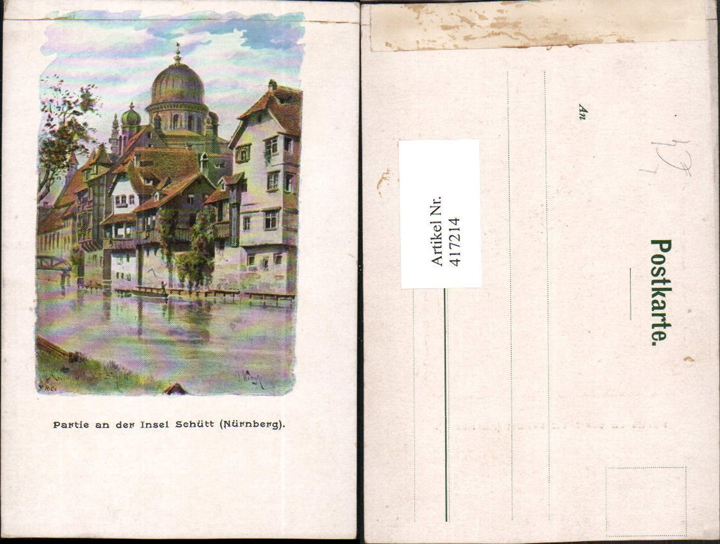 417214,Künstler Litho O. Wiegk Nürnberg Partie an d. Insel Schütt Teilansicht