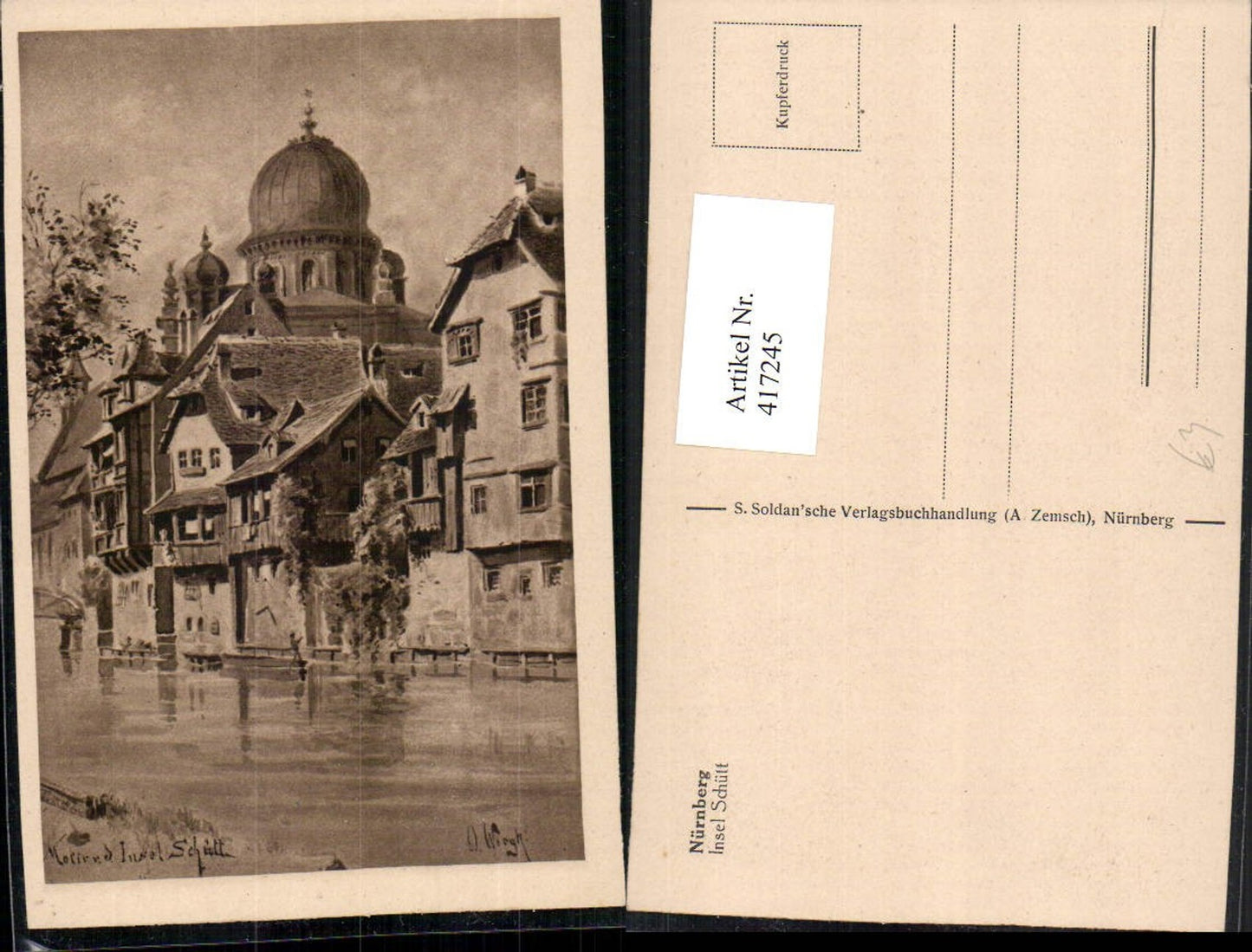 417245,Künstler AK O. Wiegk Nürnberg Insel Schütt Teilansicht