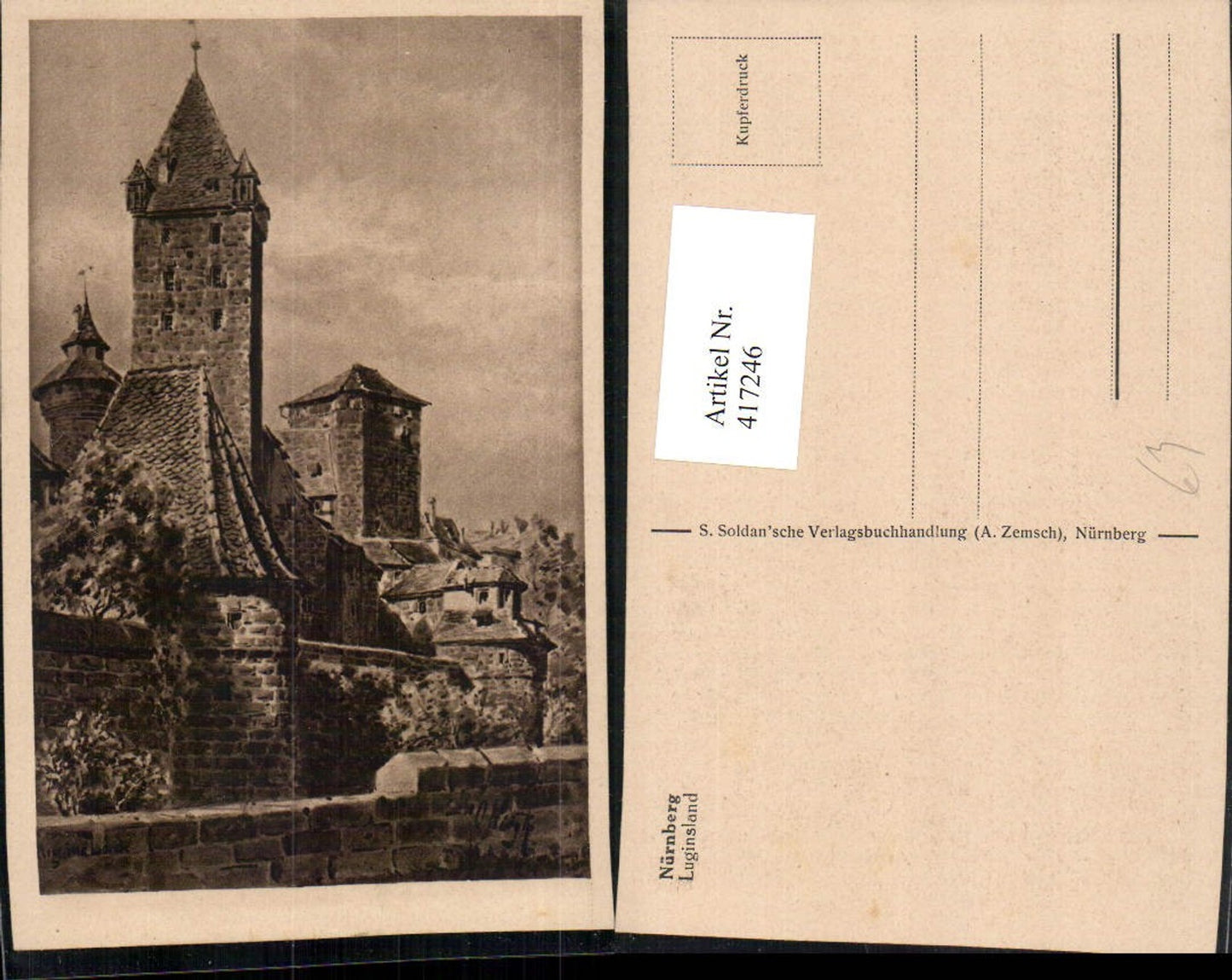 417246,Künstler AK O. Wiegk Nürnberg Luginsland Burg Türme