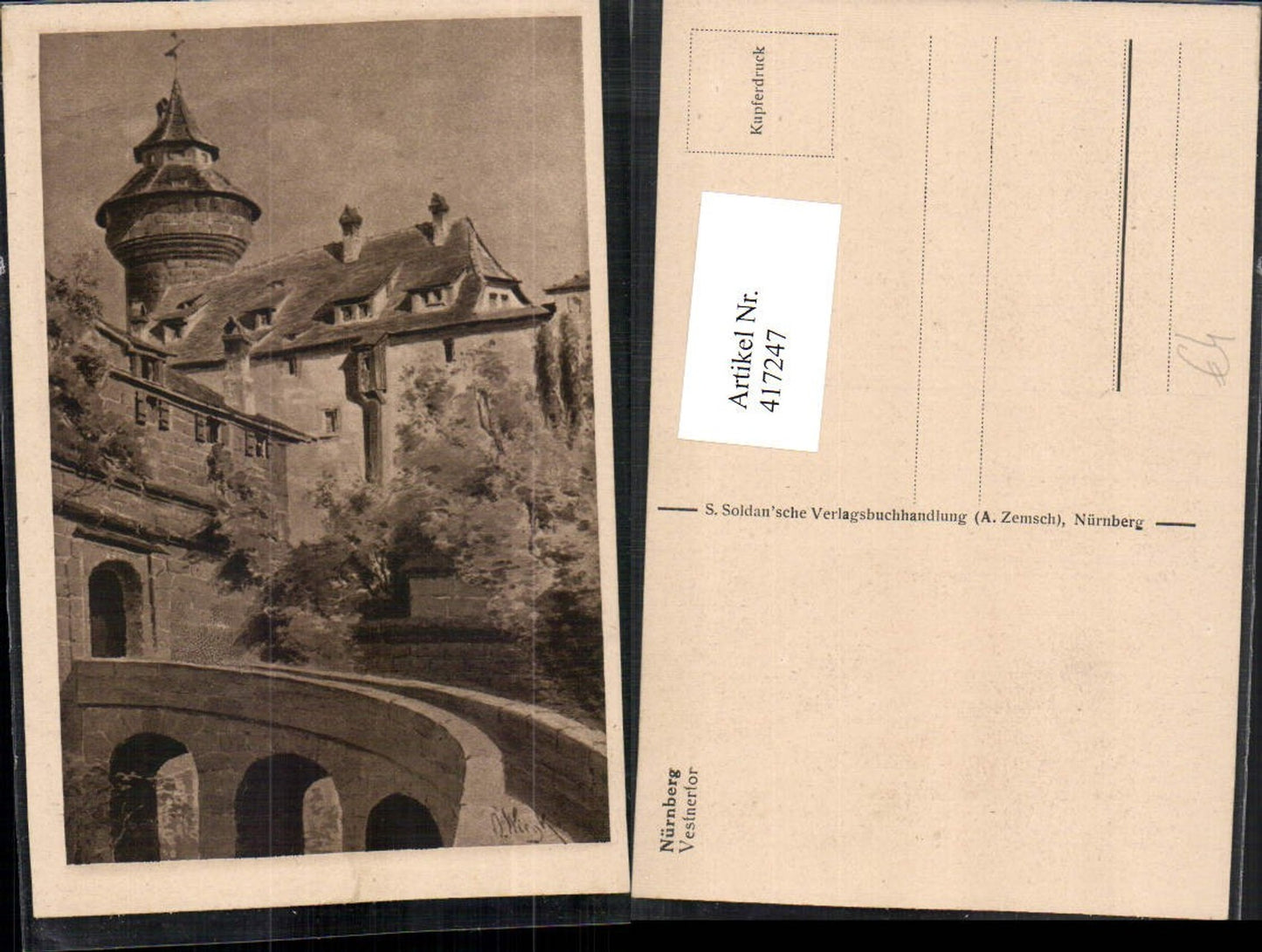 417247,Künstler AK O. Wiegk Nürnberg Vestnertor Burg Turm
