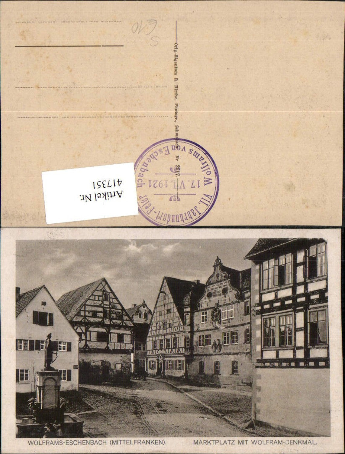 417351,Wolframs-Eschenbach Marktplatz m. Wolfram-Denkmal 7. Jahrhundert-Feier 1921 Stempel