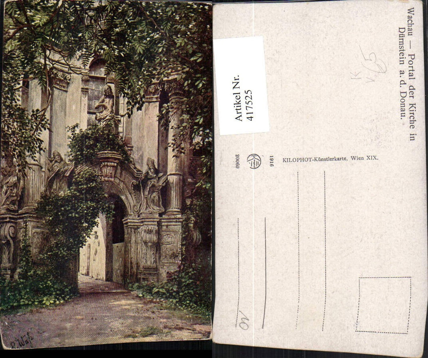 417525,Künstler AK Wachau Dürnstein an d. Donau Kirche Portal pub Kilophot 20060