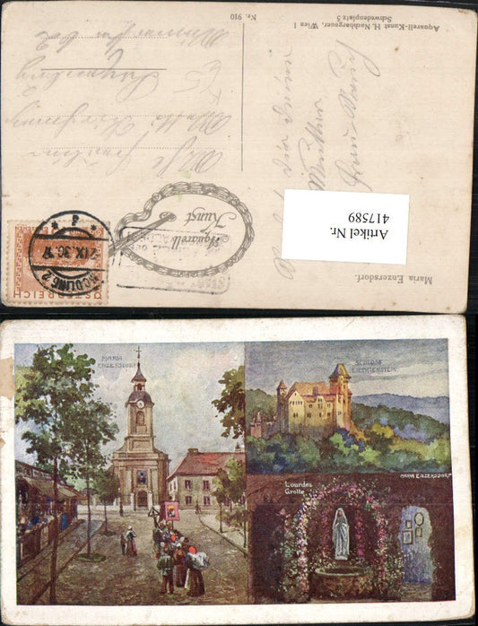 417589,Künstler AK Maria Enzersdorf Lourdes-Grotte Burg Liechtenstein Mehrbildkarte