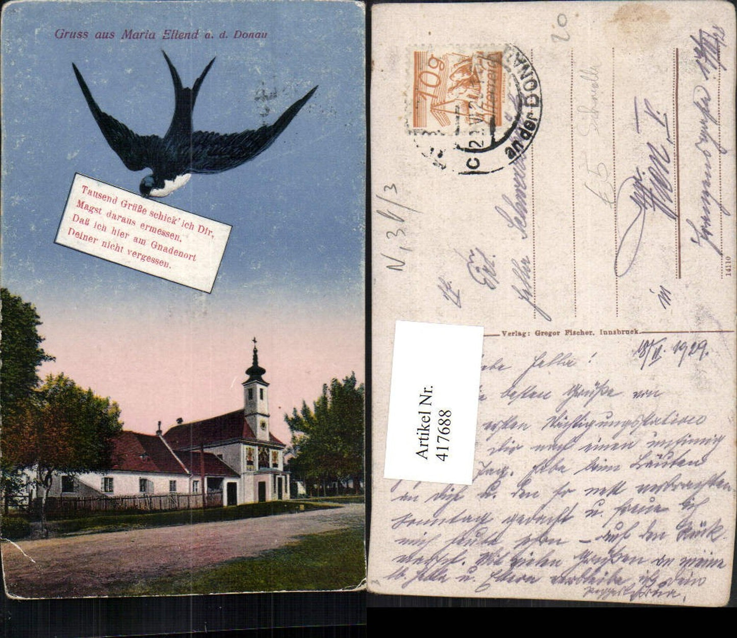 417688,Gruß aus Maria Ellend an d. Donau Kirche Schwalbe Spruch