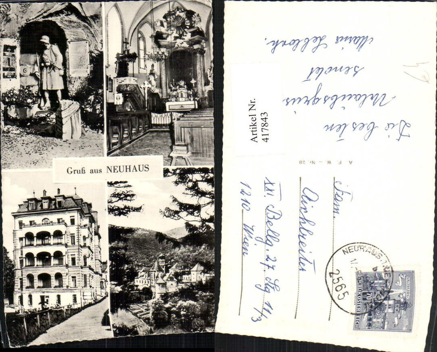 417843,Gruß aus Neuhaus Totale Kirche Statue Gebäude Mehrbildkarte