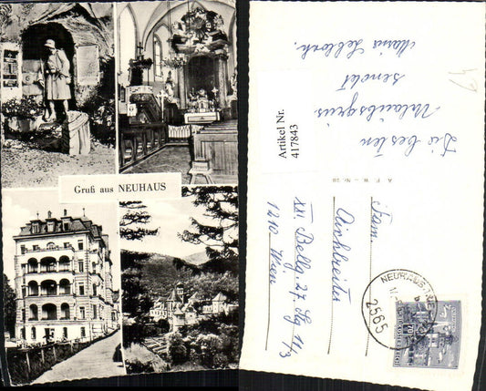 417843,Gruß aus Neuhaus Totale Kirche Statue Gebäude Mehrbildkarte