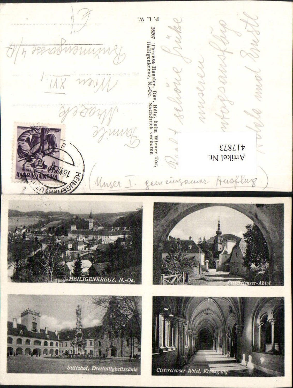 417873,Heiligenkreuz Totale Abtei Stift Pestsäule Kreuzgang Mehrbildkarte