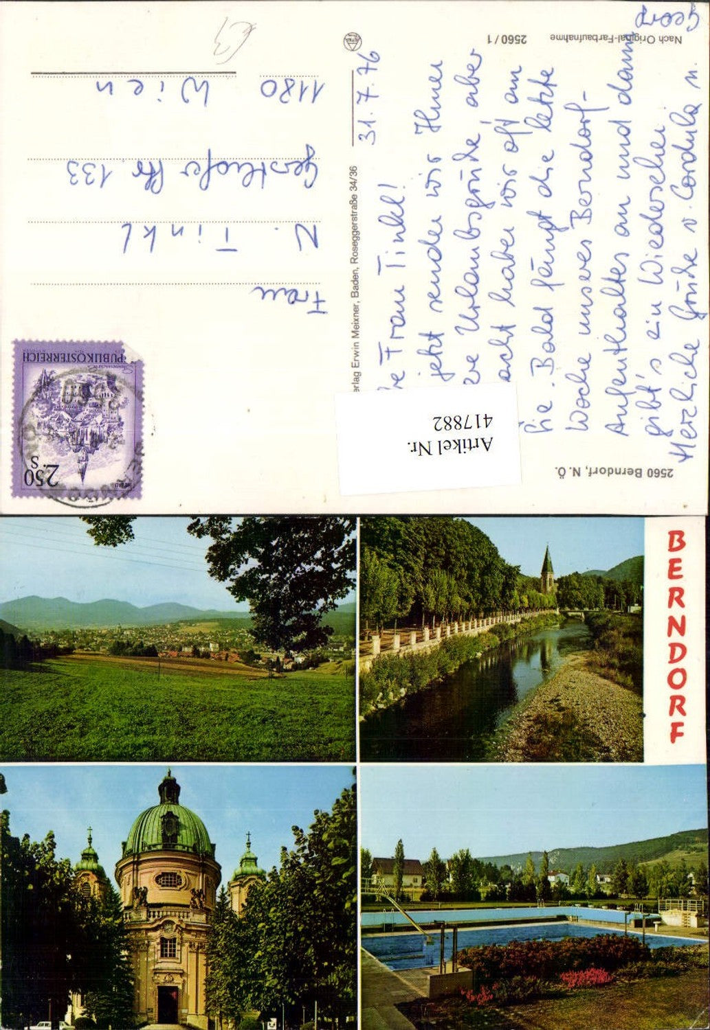 417882,Berndorf Totale Kirche Freibad Fluss Mehrbildkarte