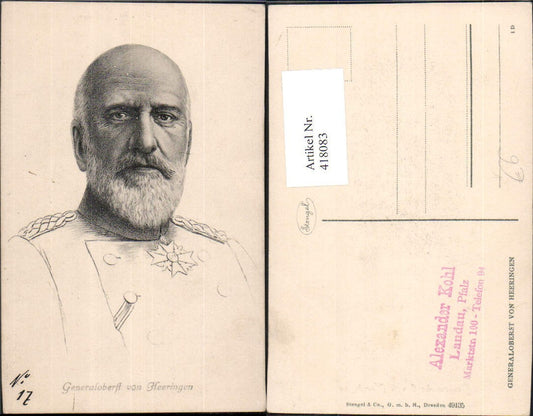 418083,Generaloberst v. Heeringen Portrait Adel Monarchie Deutschland pub Stengel co 49135