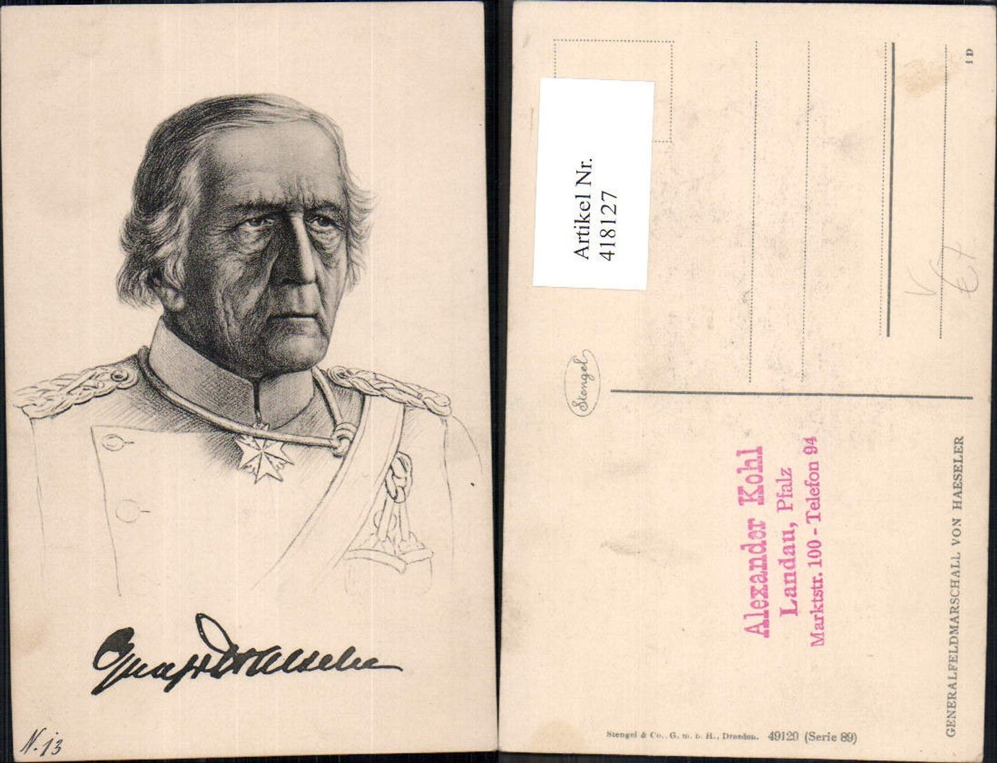 418127,Generalfeldmarschall v. Haeseler Adel Monarchie Deutschland pub Stengel Co 89/49129