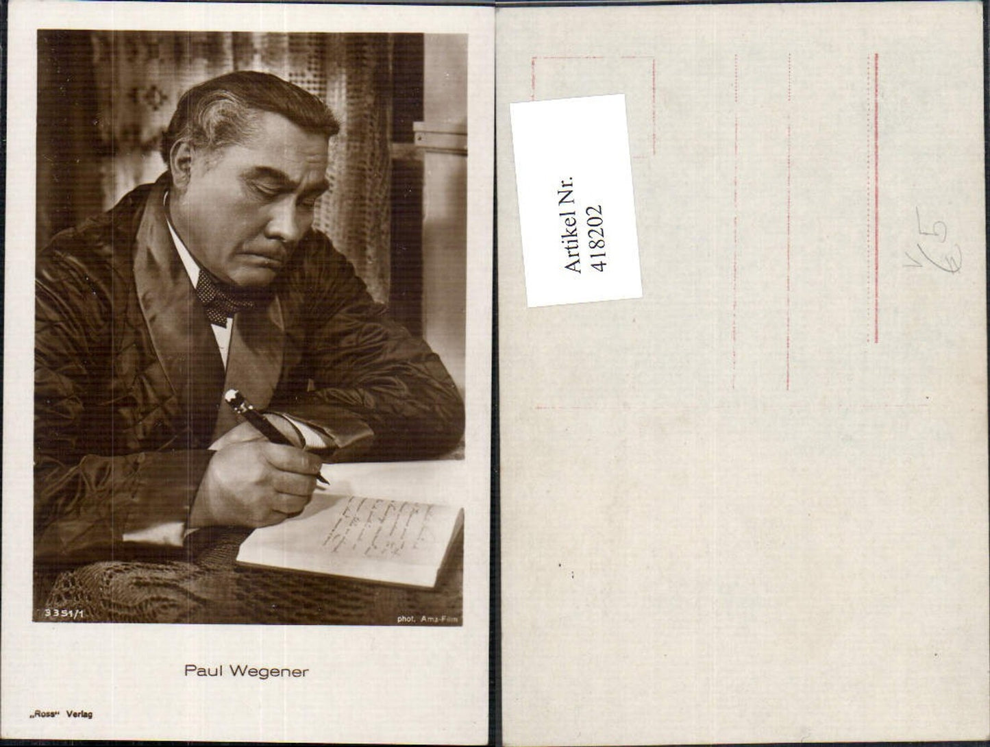 418202,Foto Ak Paul Wegener Schauspieler Schreiben Buch Füllfeder pub Ross 3351/1