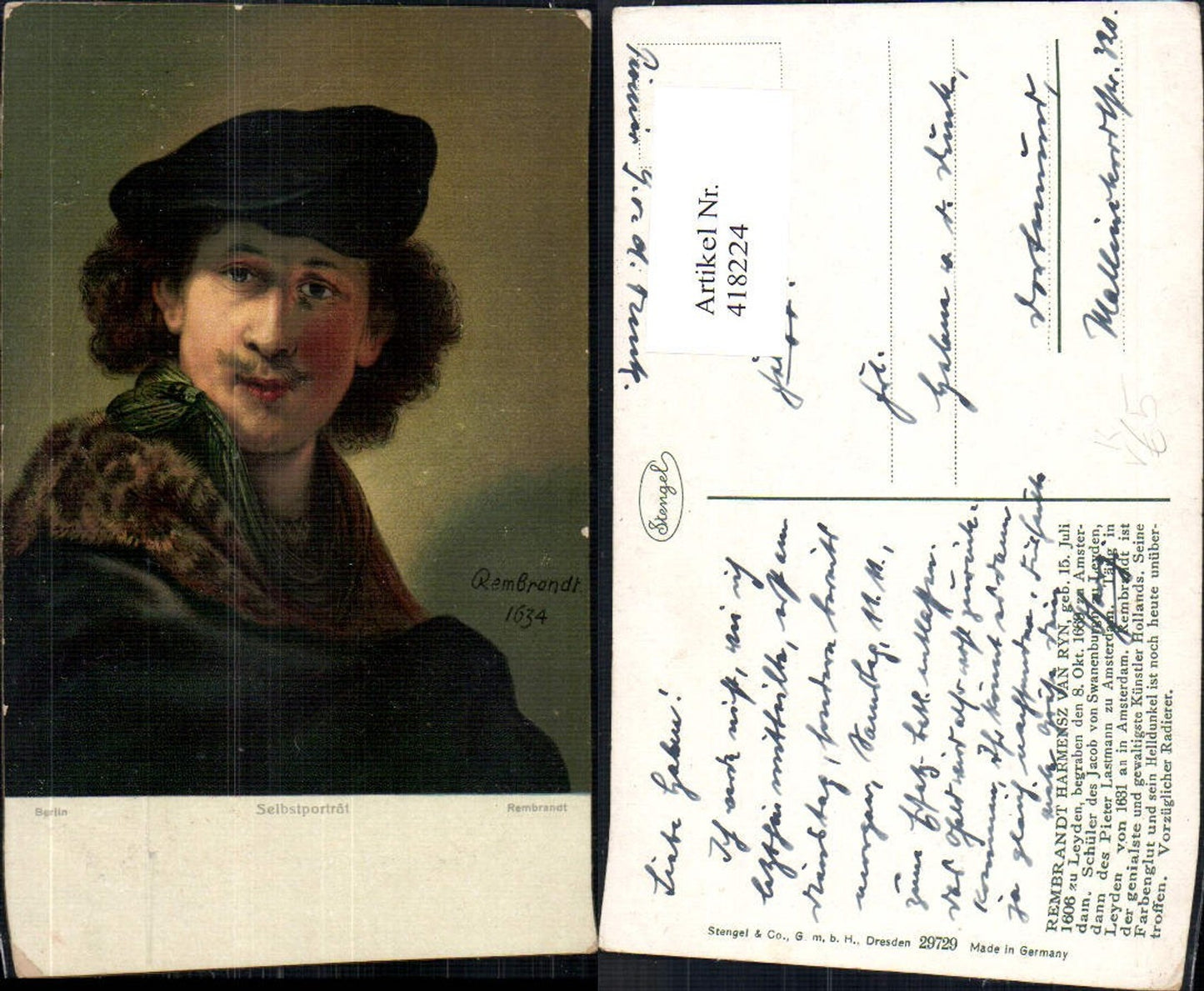 418224,Künstler Ak Rembrandt Selbstportrait Kunst Wissenschaft pub Stengel Co 29729