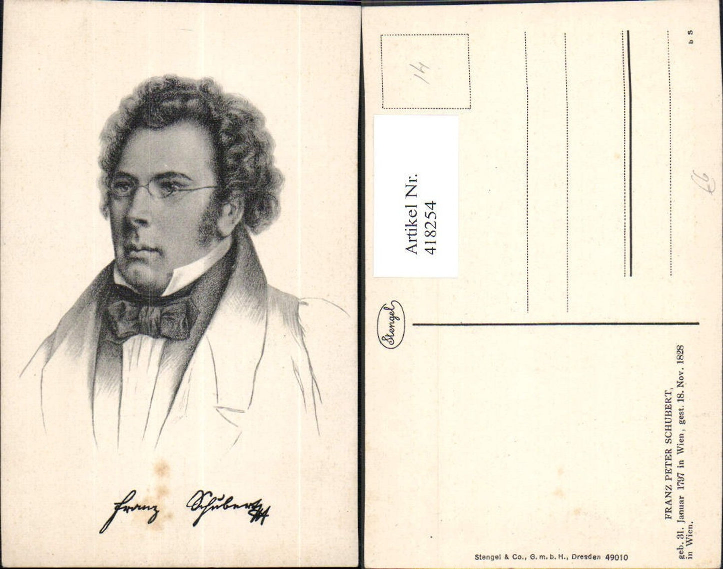 418254,Künstler Ak Franz Schubert Komponist Musik pub Stengel Co 49010