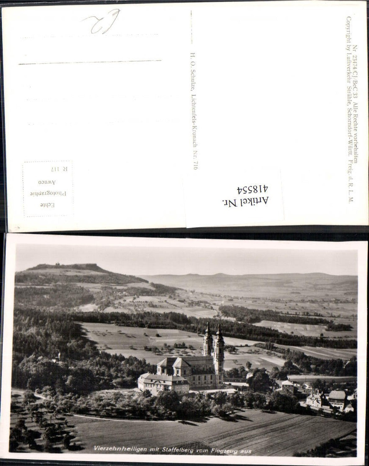 418554,Foto Ak Vierzehnheiligen m. Staffelberg v. Flugzeug aus Kirche Kloster