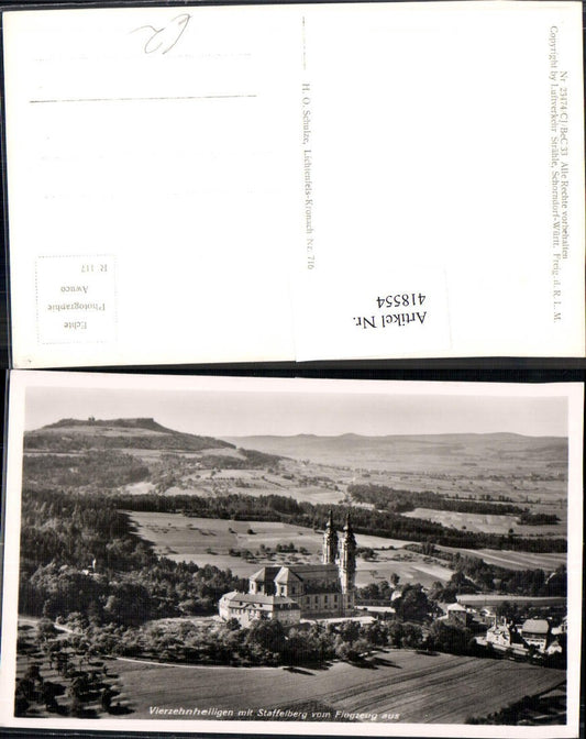 418554,Foto Ak Vierzehnheiligen m. Staffelberg v. Flugzeug aus Kirche Kloster