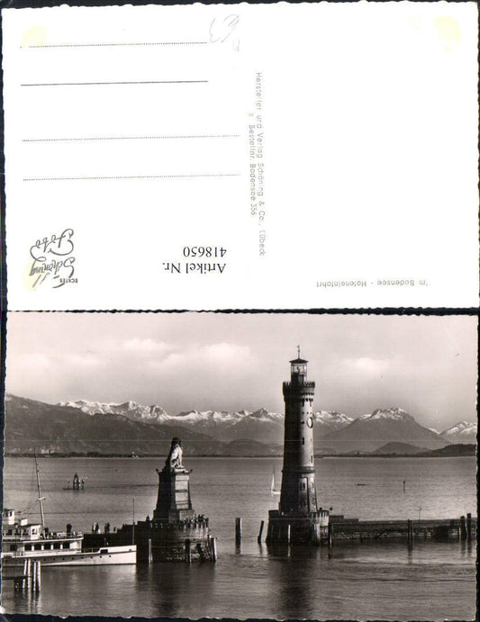418650,Foto Ak Lindau Bodensee Hafeneinfahrt Leuchtturm Löwendenkmal Schiff