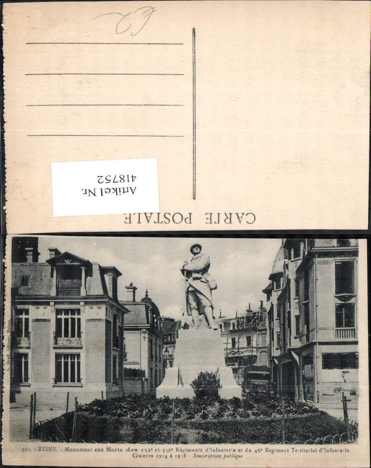 418752,Reims Monument aux Morts WW1 Statue Monument
