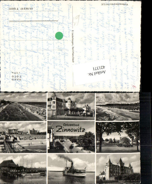 421371,Ostseebad Zinnowitz Strand Dampfer Musikpavillon Mehrbildkarte