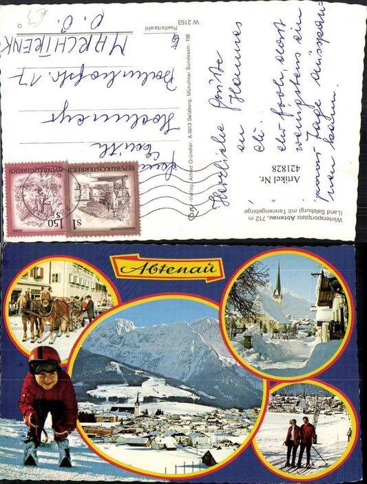 421828,Abtenau Totale Kirche Skilift Pferdeschlitten Winterbilder Mehrbildkarte