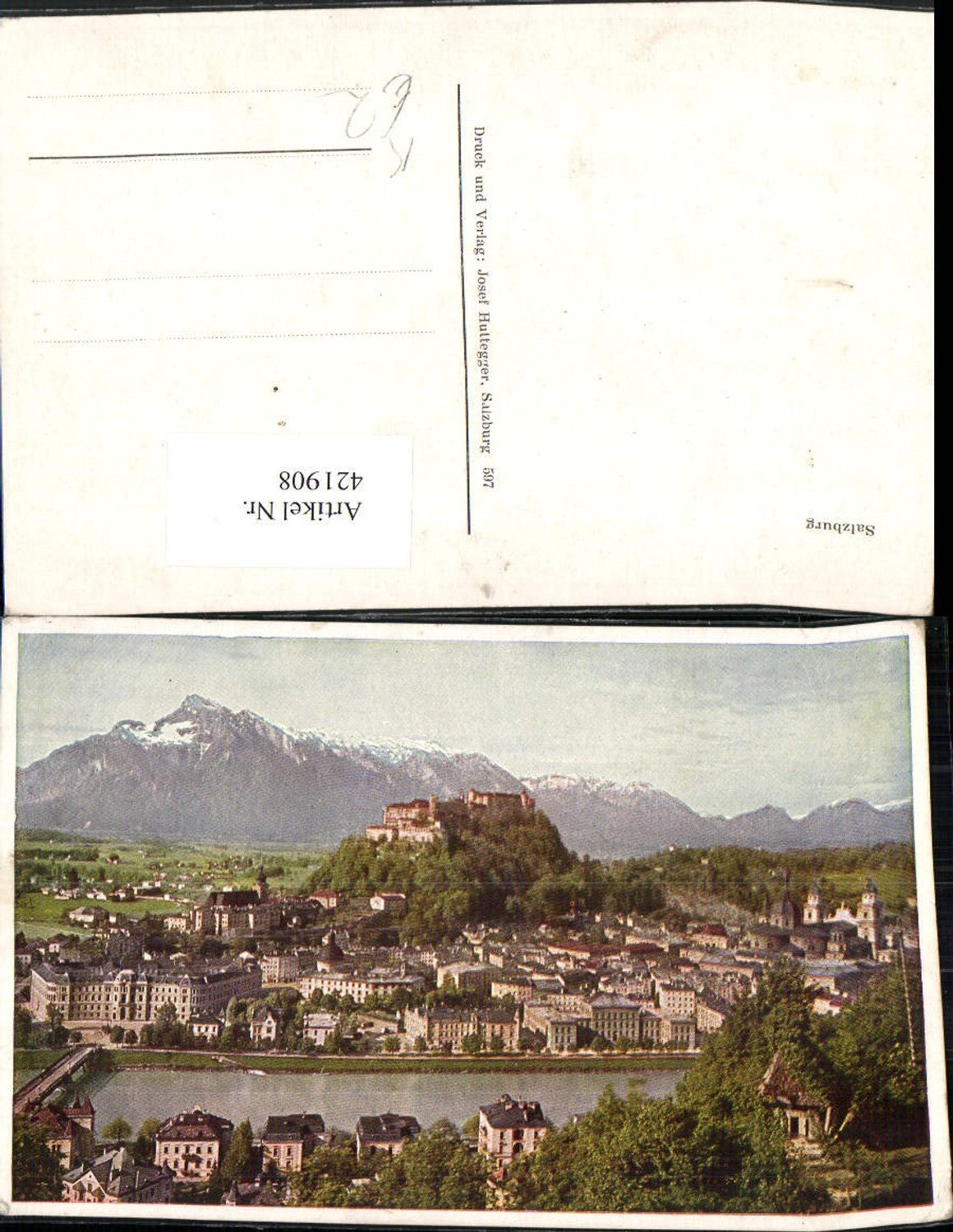 421908,Künstler AK Salzburg Totale m. Festung Bergkulisse