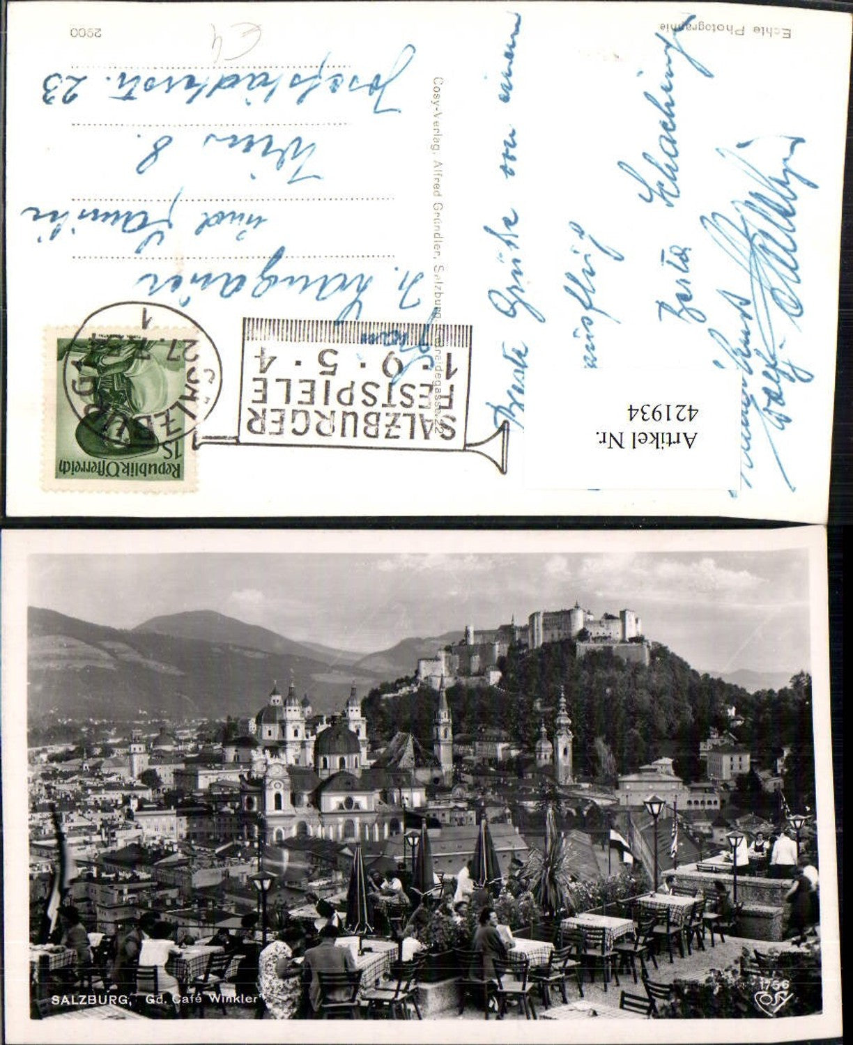 421934,Salzburg Teilansicht m. Festung vom Cafe Winkler Terrasse pub Cosy 1756
