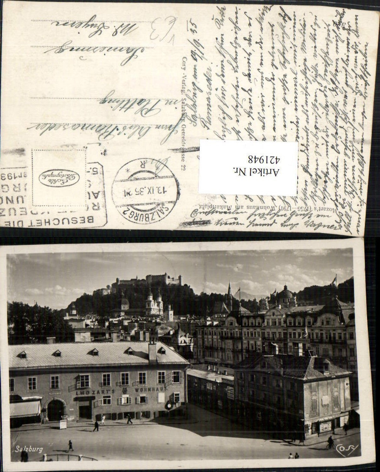 421948,Salzburg Teilansicht Mozarts Wohnhaus am Makartplatz m. Festung pub Cosy