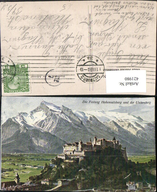 421980,Künstler AK Salzburg Festung Hohensalzburg m. Untersberg Bergkulisse