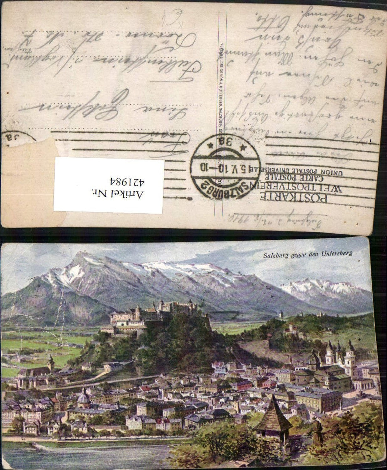 421984,Künstler AK Salzburg Totale m. Festung geg. Untersberg Bergkulisse