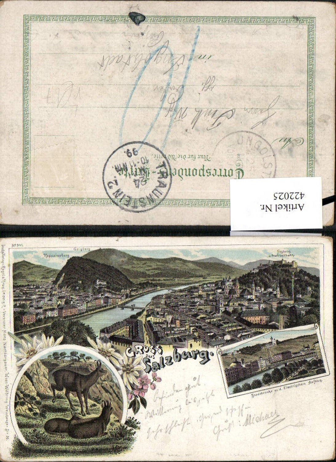 422025,Litho Gruß aus Salzburg Totale Stadtbrücke Gämse Mehrbildkarte pub Regel & Krug 941