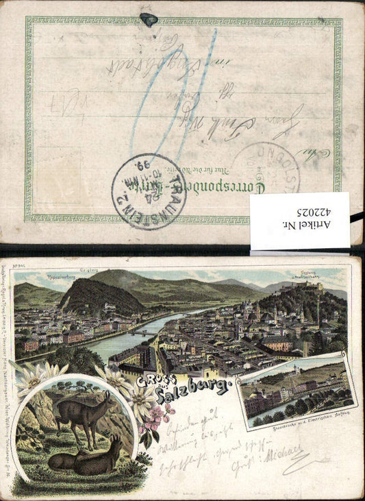 422025,Litho Gruß aus Salzburg Totale Stadtbrücke Gämse Mehrbildkarte pub Regel & Krug 941