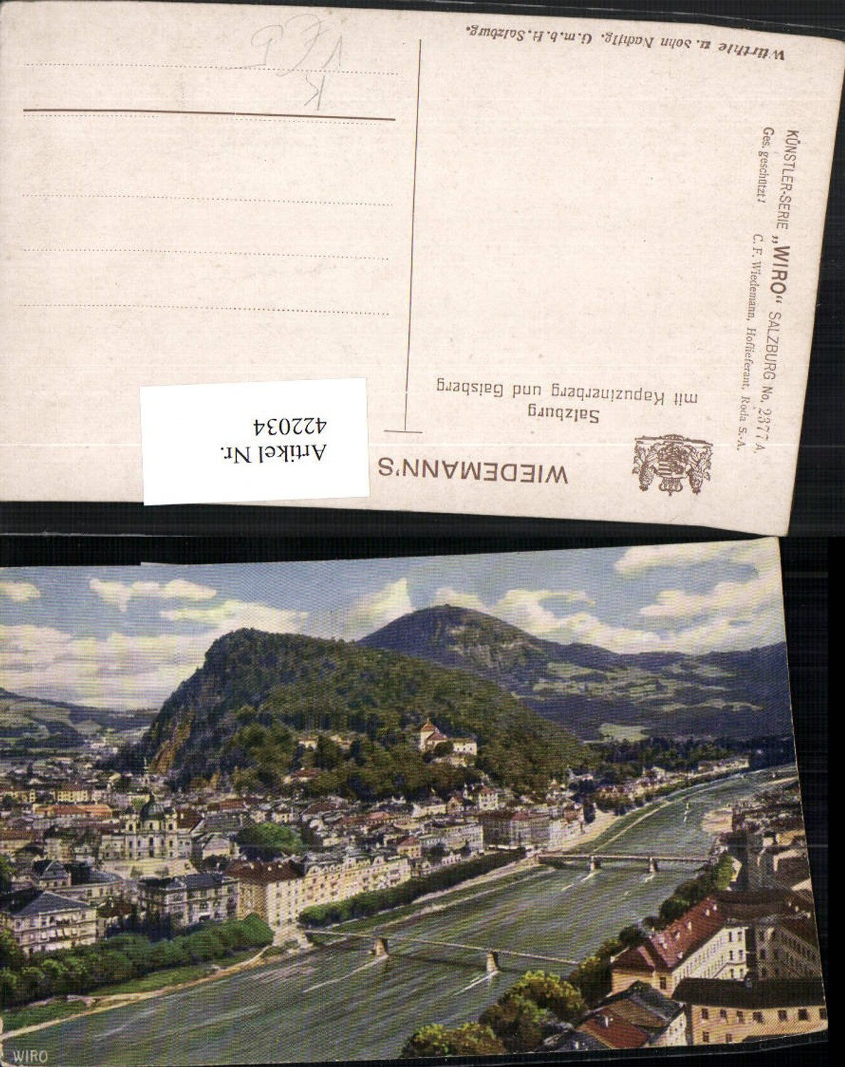 422034,Künstler AK Salzburg Teilansicht m. Kapuzinerberg u. Gaisberg pub Wiedemann Wiro 2377