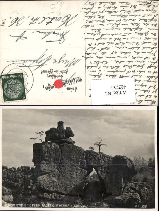 422255,Oybin Töpfer Brütende Henne u. Gotisches Tor Felsen