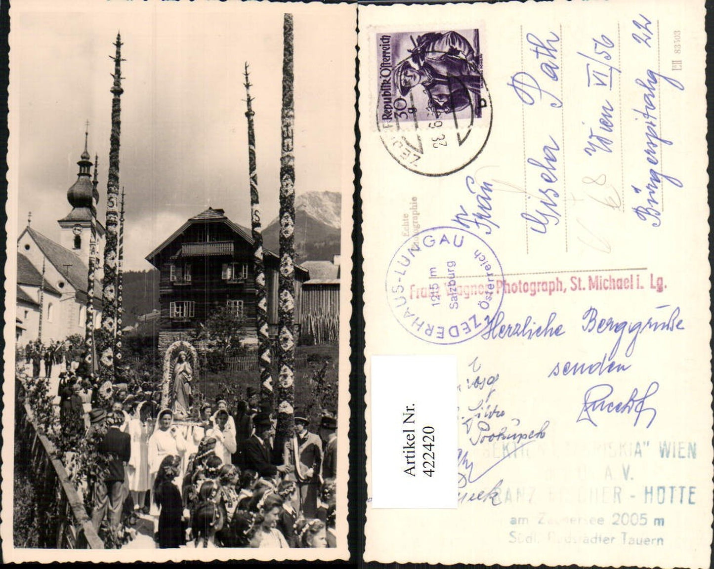 422420,Foto AK Zehderhaus St. Michael im Lungau Prangstangen Festzug Prozession