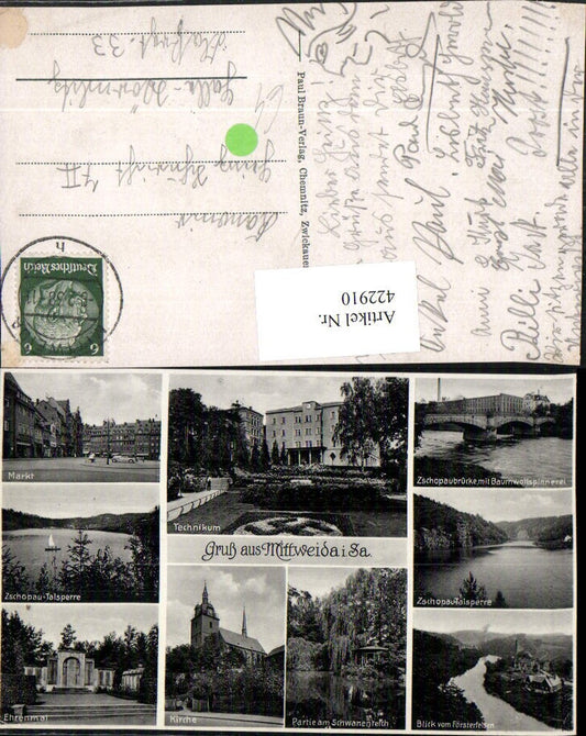 422910,Mittweida Markt Kirche Ehrenmal Technikum Brücke Mehrbildkarte