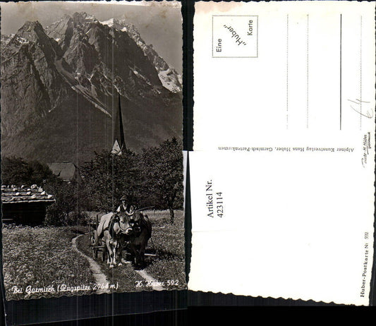 423114,Bei Garmisch Kirchenturm Rindergespann m. Zugspitze Bergkulisse