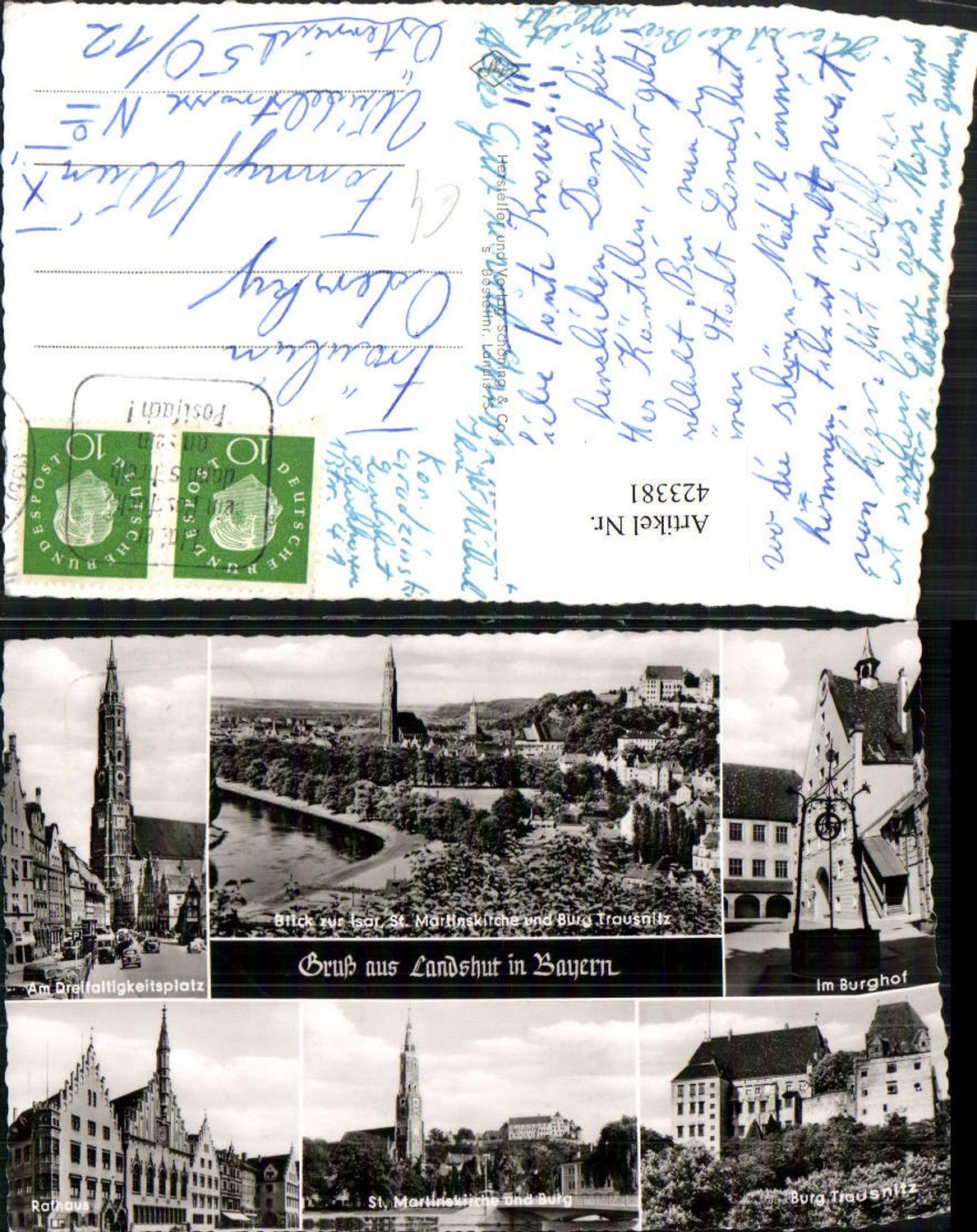 423381,Landshut Totale Rathaus Kirche Burg Trausnitz Burghof Mehrbildkarte