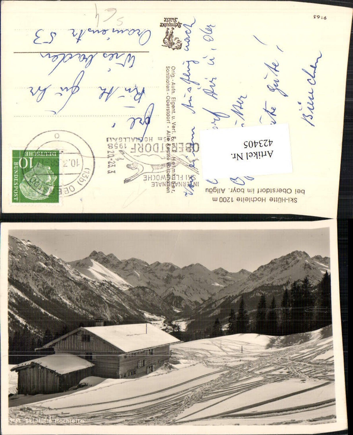 423405,Skihütte Hochleite b. Oberstdorf im Allgäu Bergkulisse Skiflugwoche 1958 Stempel