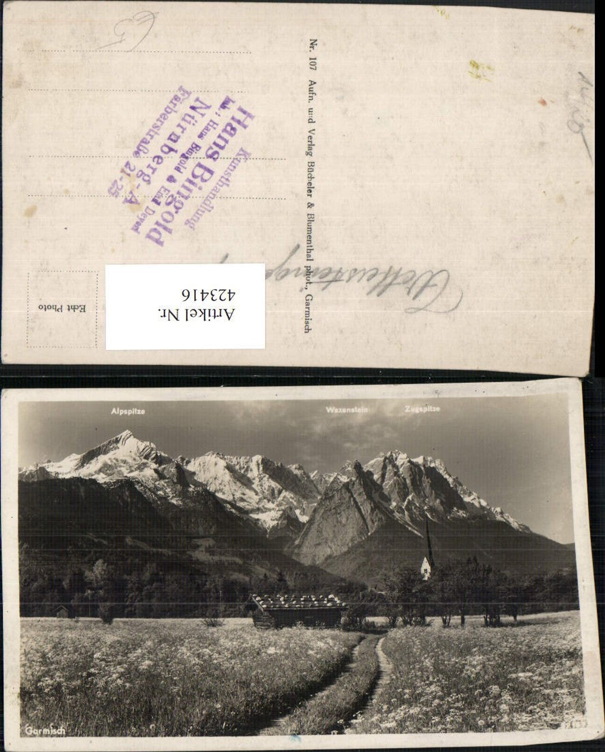 423416,Garmisch Wegpartie Kirchenturm m. Alpspitze Bergkulisse