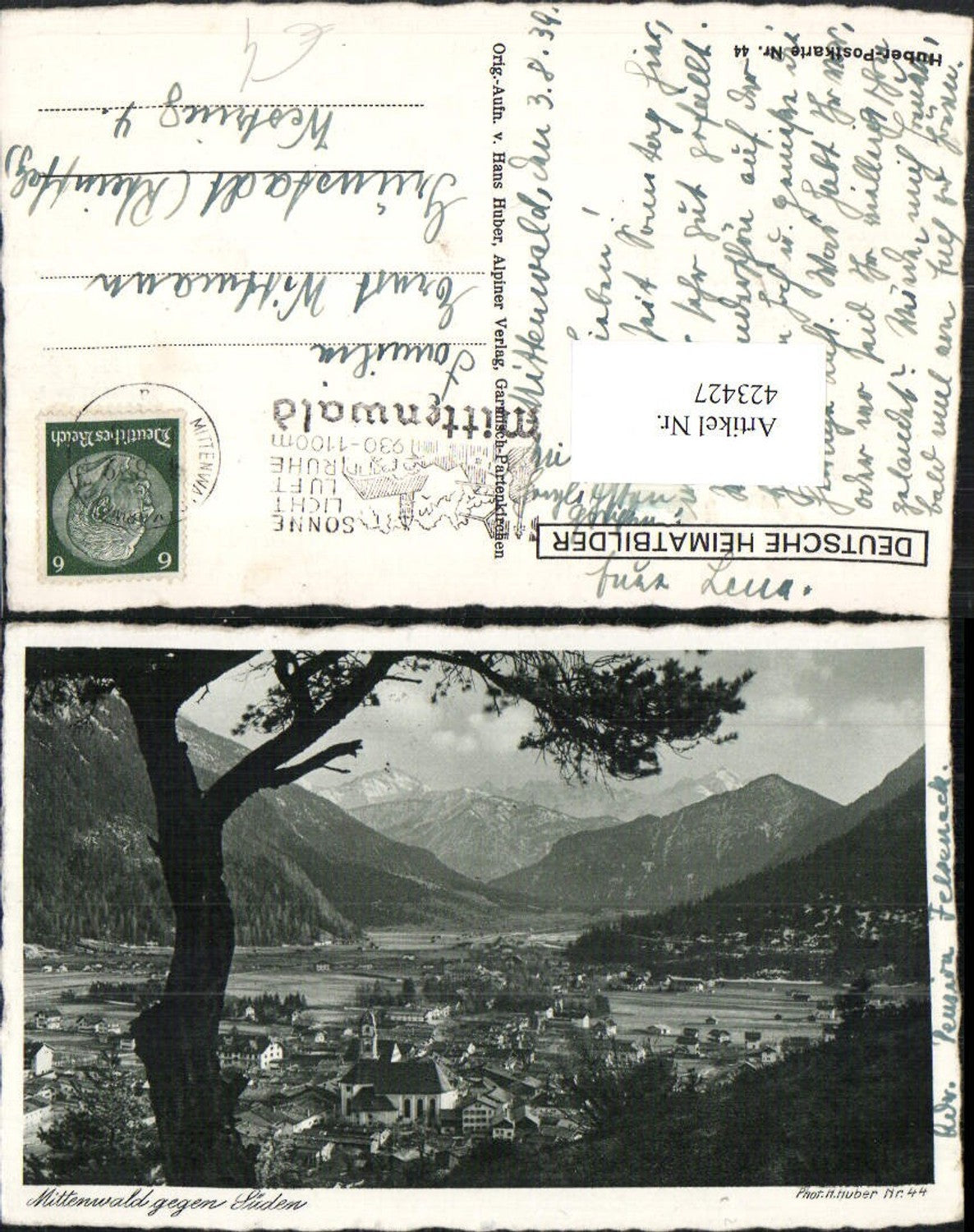 423427,Mittenwald Totale geg. Süden Bergkulisse pub H. Huber 44