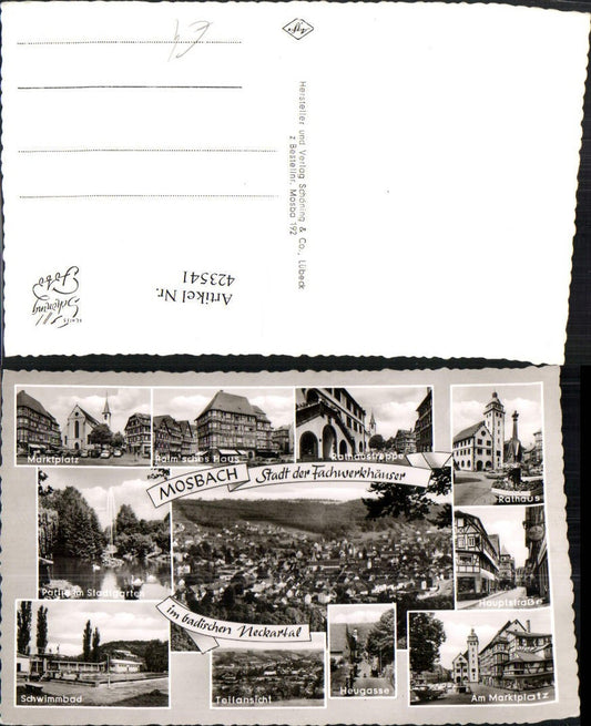 423541, Mosbach in the Neckar Valley, overall view of the town hall, swimming pool, market square, multi-view map