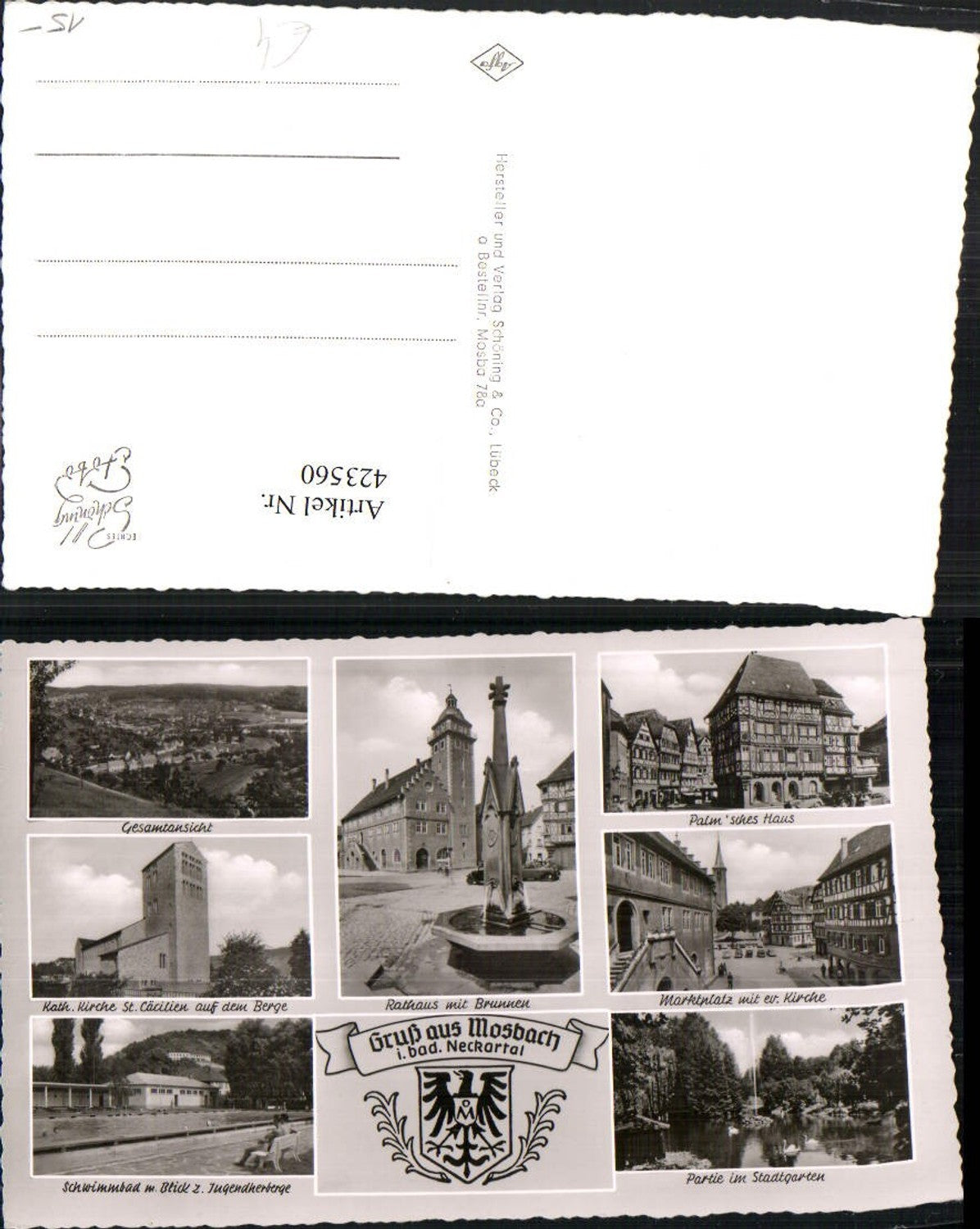 423560,Mosbach im Neckartal Totale Rathaus Brunnen Kirche Schwimmbad Mehrbildkarte
