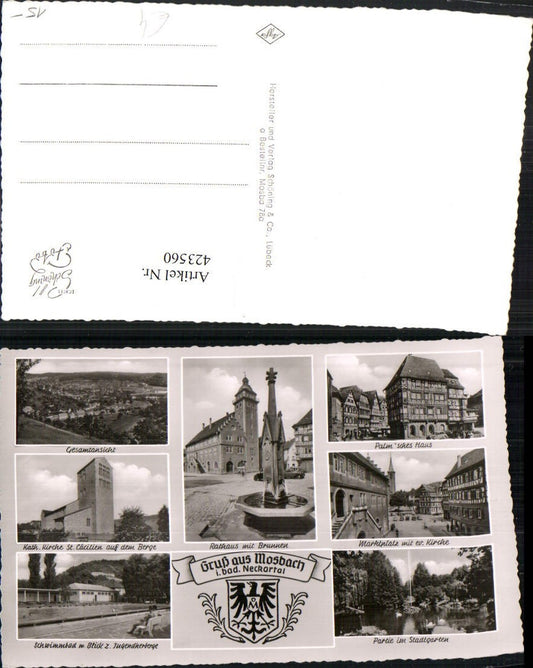 423560, Mosbach in the Neckar Valley, overall view of the town hall, fountain, church, swimming pool, multi-view map
